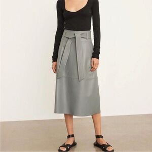 Vince Topstitched Belted Lambskin leather A Line Midi Skirt in Sea Stone Grey